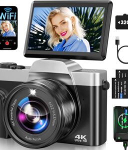 4K Digital Camera for Photography with WiFi 64MP Auto-Focus Vlogging Camera for YouTube Video 3'' 180° Flip Screen 4K Cameras 16X Zoom Anti-Shake Compact Point and Shoot Cameras with SD Card