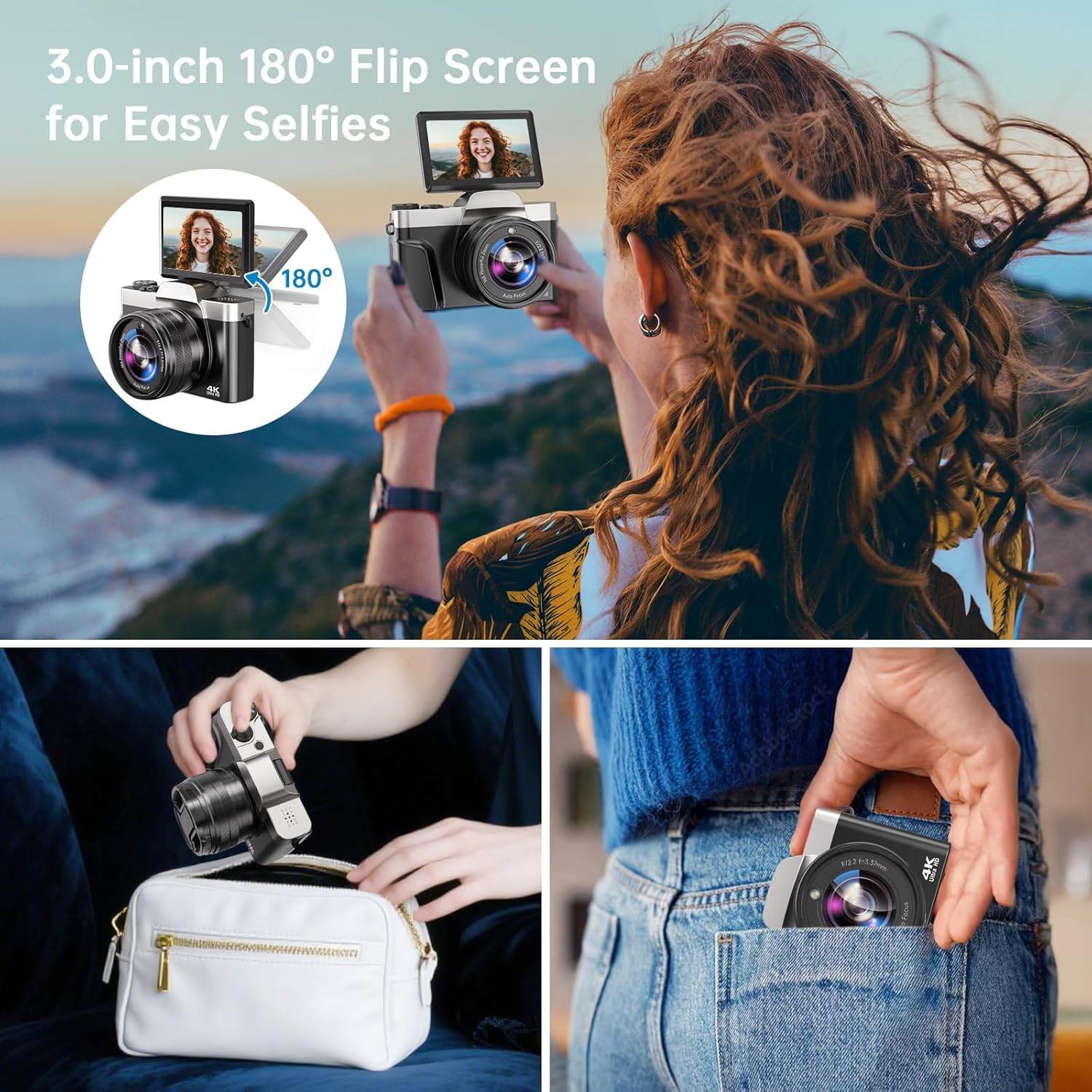 4K Digital Camera for Photography with WiFi 64MP Auto-Focus Vlogging Camera for YouTube Video 3'' 180° Flip Screen 4K Cameras 16X Zoom Anti-Shake Compact Point and Shoot Cameras with SD Card - Image 8